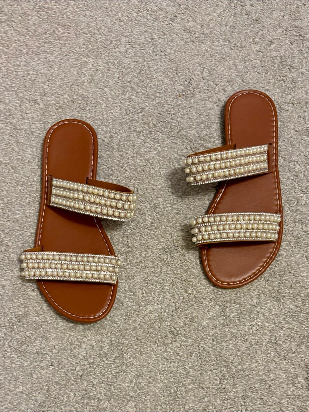 New SHEIN Pearl-Embellished Brown Slide Sandals Size 7.5 (38)
